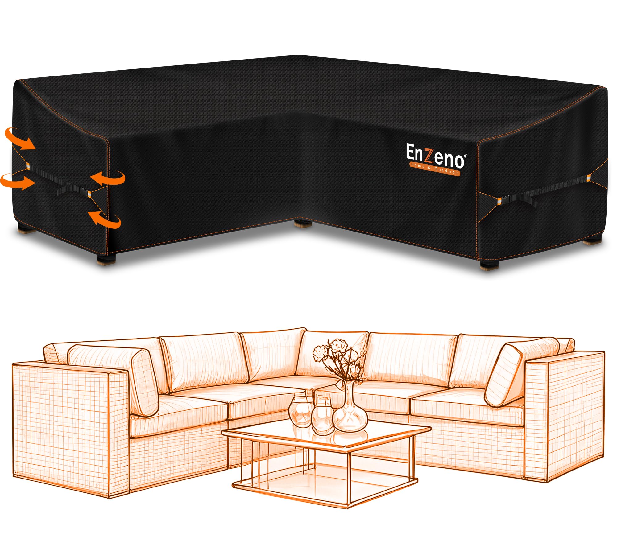 Enzeno Garden V-Shape Furniture Covers waterproof, 420D Oxford Fabric outdoor corner sofa cover, Garden Rattan Sofa Cover with Waterproof Tape (270x270x90cm)