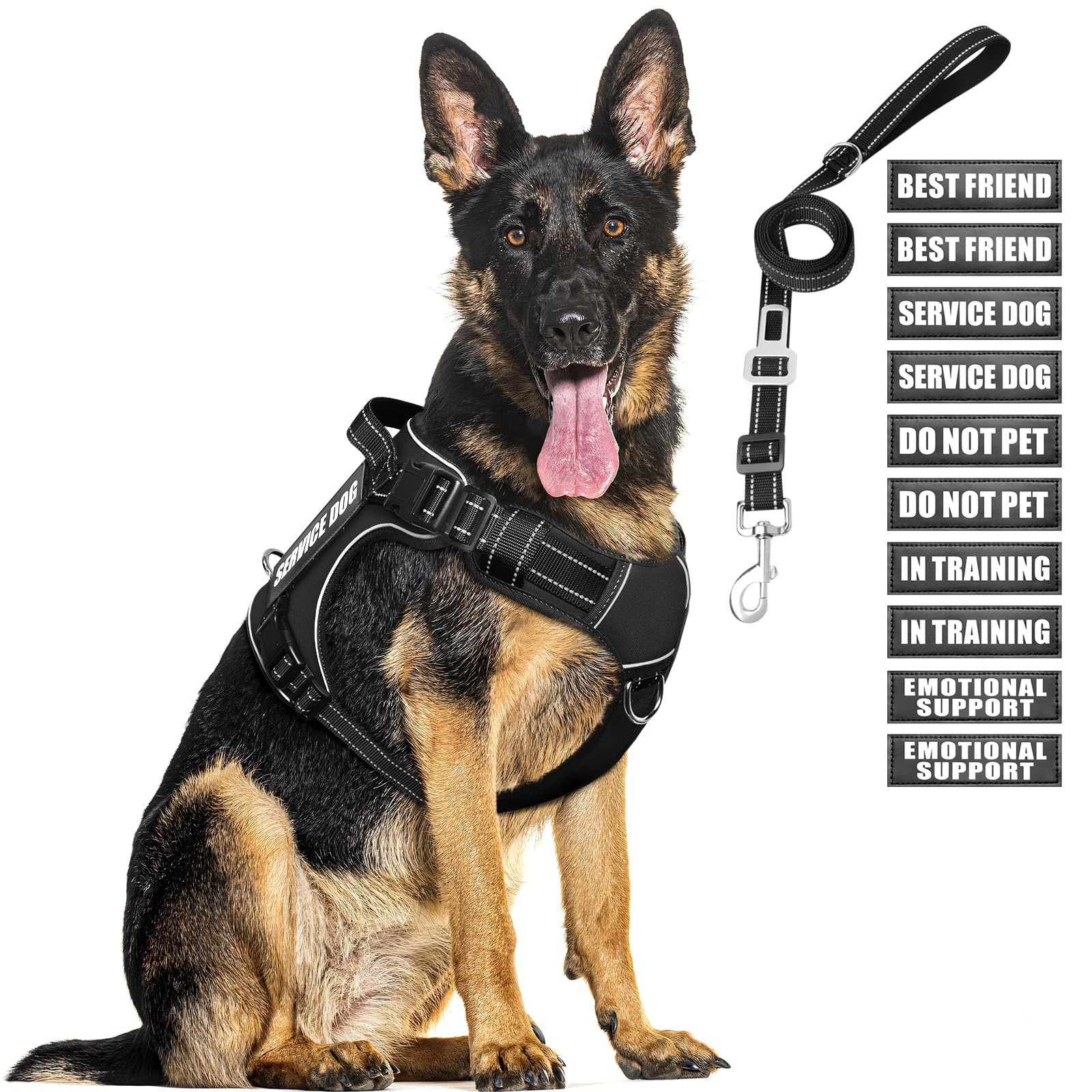 MOOGROU Tactical Dog Harness and Leash Set for Large Dogs,Heavy Duty No Pull Service Dog Vest and 10 Patches with Dog Seat Belt,Reflective Adjustable Pet Harness for Training Walking Hiking Black XL Image