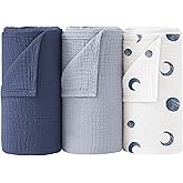 Bearmoss Muslin Swaddle Blankets, 40 x 38 inches Baby Swaddle for Boys and Girls, Soft Baby Blanket, 3 Pack Breathable Nursery Receiving Blankets (Bluemoon)