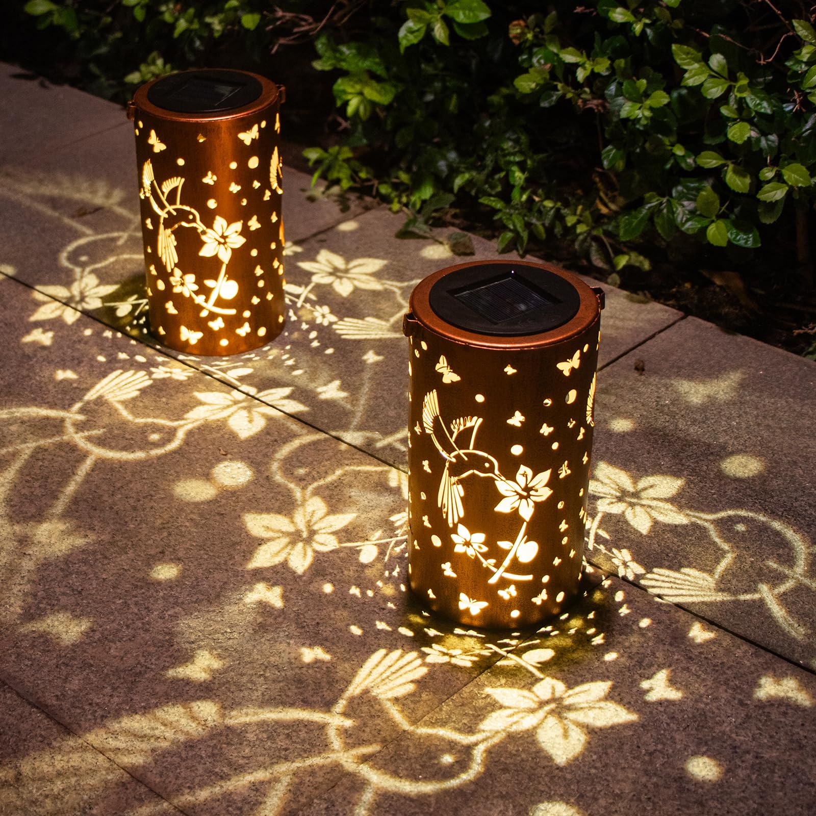 2 Pack Hummingbird Solar Lanterns Outdoor Hanging Lantern Lights, Metal Decor Lantern, Waterproof LED Decorative Garden Light