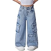 WDIRARA Toddler Girl's Wide Leg Cargo Jeans High Waisted Baggy Denim Pants