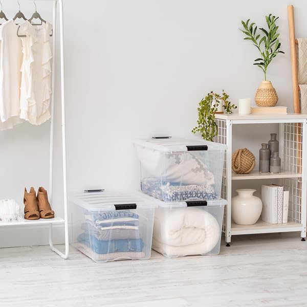 IRIS USA 72 QT STACKABLE PLASTIC STORAGE BINS WITH LIDS, 6 PACK – BPA-FREE, MADE IN USA – SEE-THROUGH ORGANIZING SOLUTION, LATCHES, DURABLE NESTABLE CONTAINERS, SECURE PULL HANDLE – CLEAR