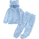 COZYPOIN Girls Fuzzy 2 Piece Outfits Sweatsuit Warm Bear Ear Fleece Hoodie Sweatshirt and Pants Cute Kids Clothing Sets
