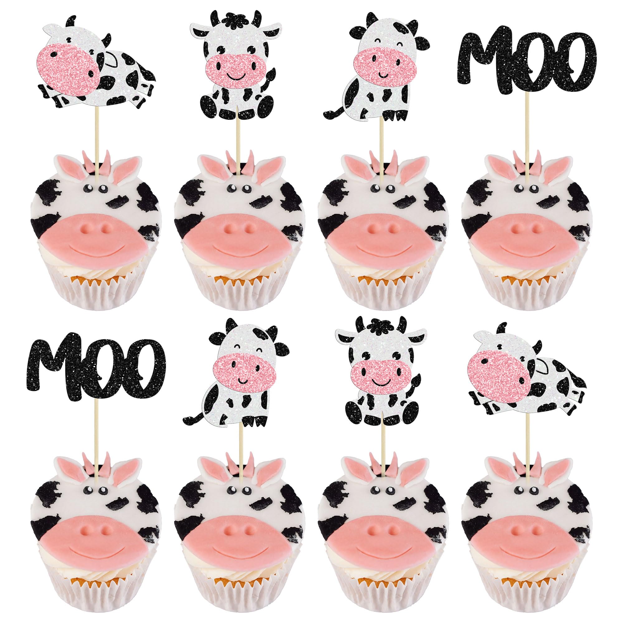 Gyufise 24Pcs Cow Cupcake Toppers Glitter Farm Animals Moo Cupcake Picks Cow Theme Baby Shower Kids Birthday Party Cake Decorations Supplies