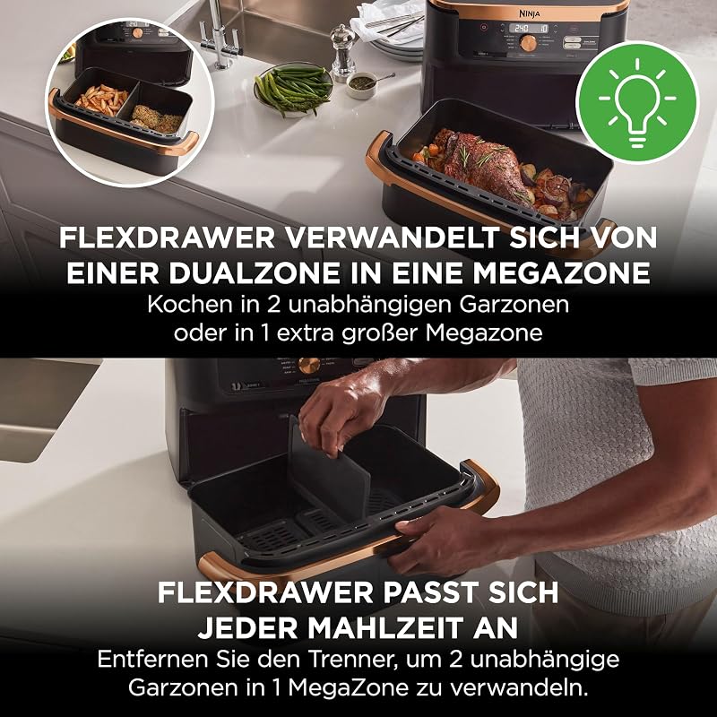 Foodi FlexDrawer Heißluftfritteuse, 10,4 L, Dual Zone, Schwarz/Kupfer