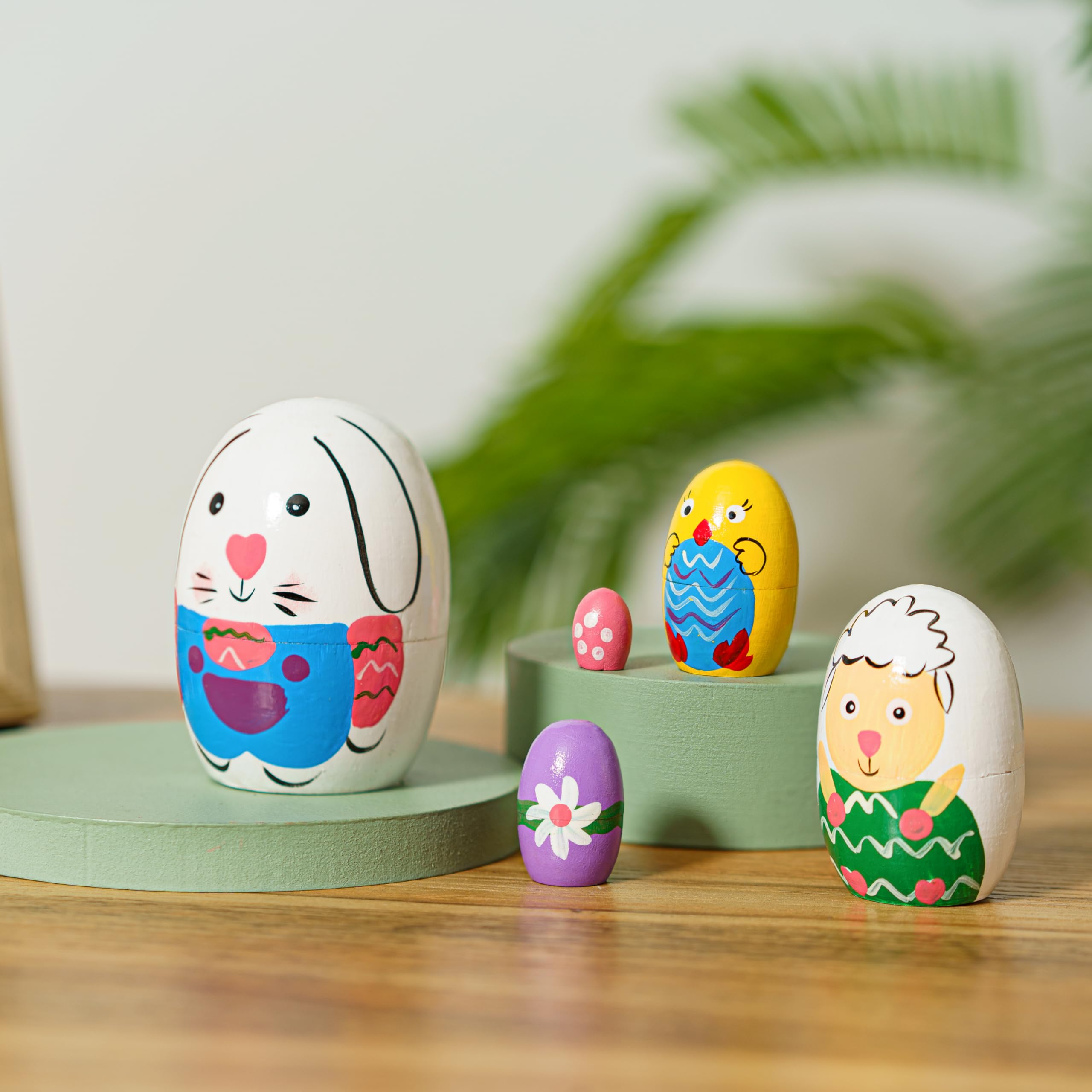SWANGSA 5 Pieces Egg Shape Russian Nesting Dolls, Cute Bunny Sheep Chick Flower Handmade Wood Matryoshka Stacking Dolls for Kids Easter, Christmas, Birthday Wishing Gift, Home Decoration