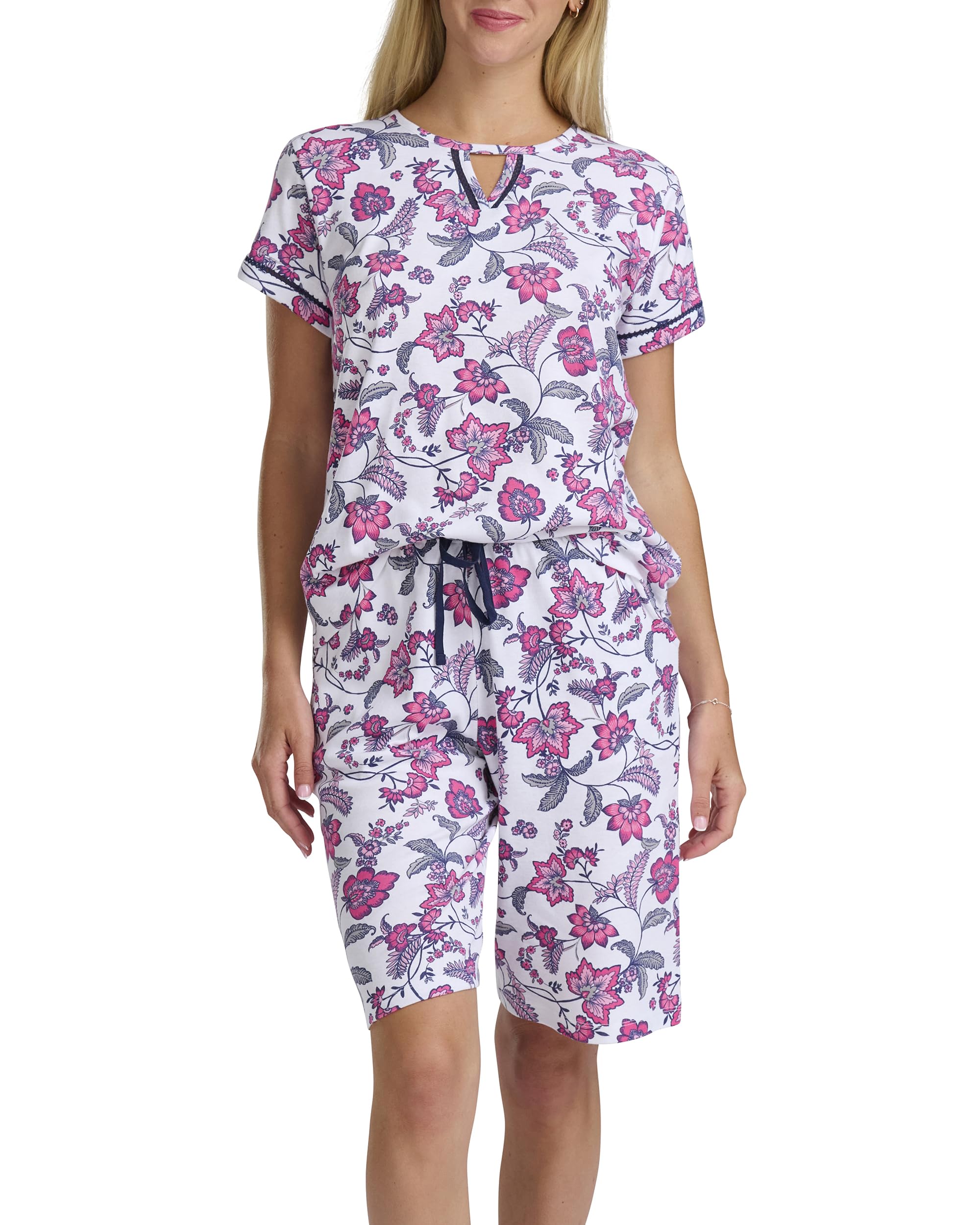 Karen Neuburger Women’s Keyhole Short Sleeve Top and Bermuda Short Pajama Set, Leaf and Vine, Small