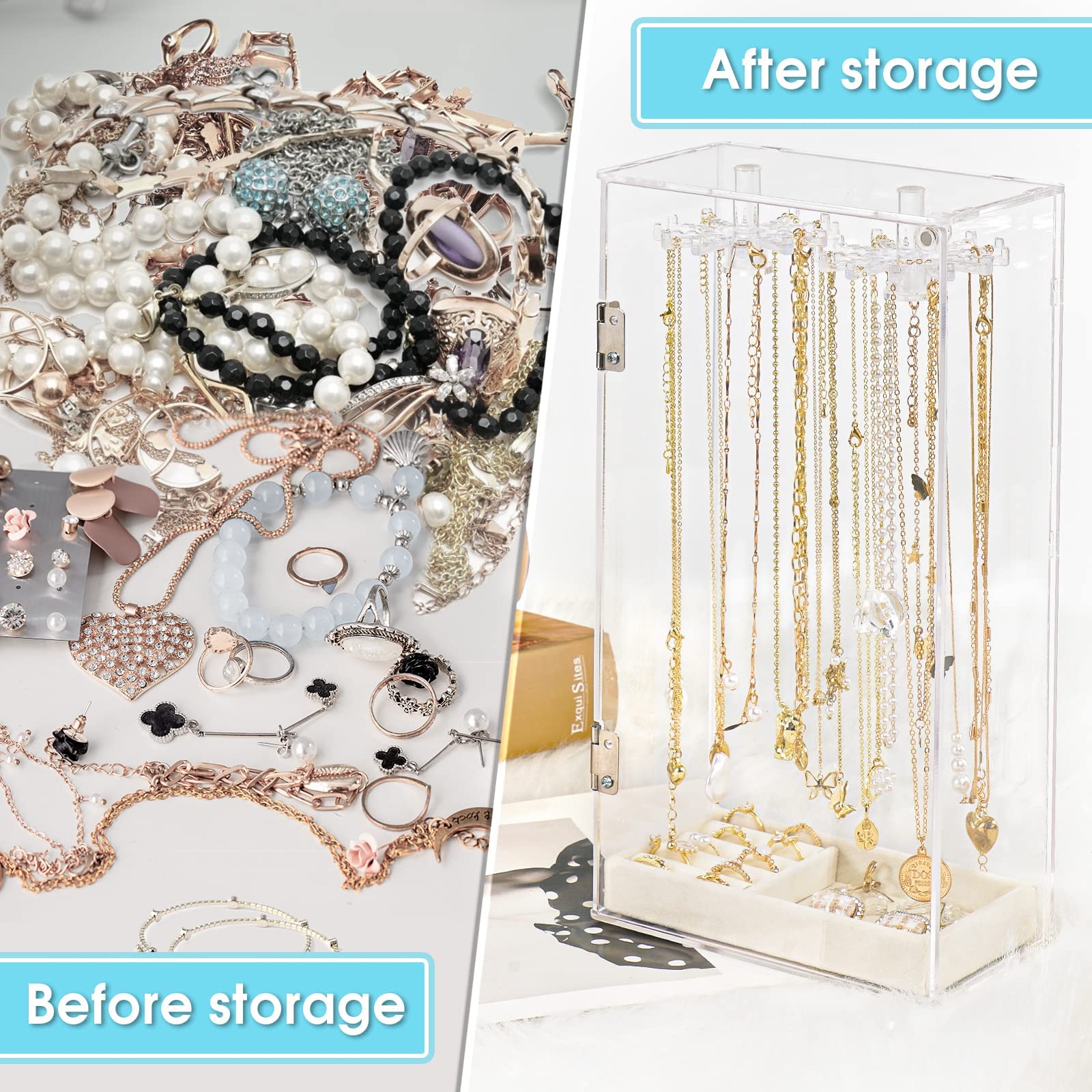 Necklace Holder, Acrylic Necklace Organizer, Rotatable Clear Jewelry Holder Organizer Display Case for Long Necklaces Pendant Bracelets, Jewelry Holder Box with Velvet Tray for Rings Earrings