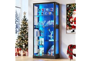 Lvifur 71” Display Cabinet with Glass Doors, Modern Curio Cabinet with 3 Color Lights, 7-Tiers Glass Display Cases for Collectibles, Tall Lego Storage Cabinet with Human Body Sensor (Black)
