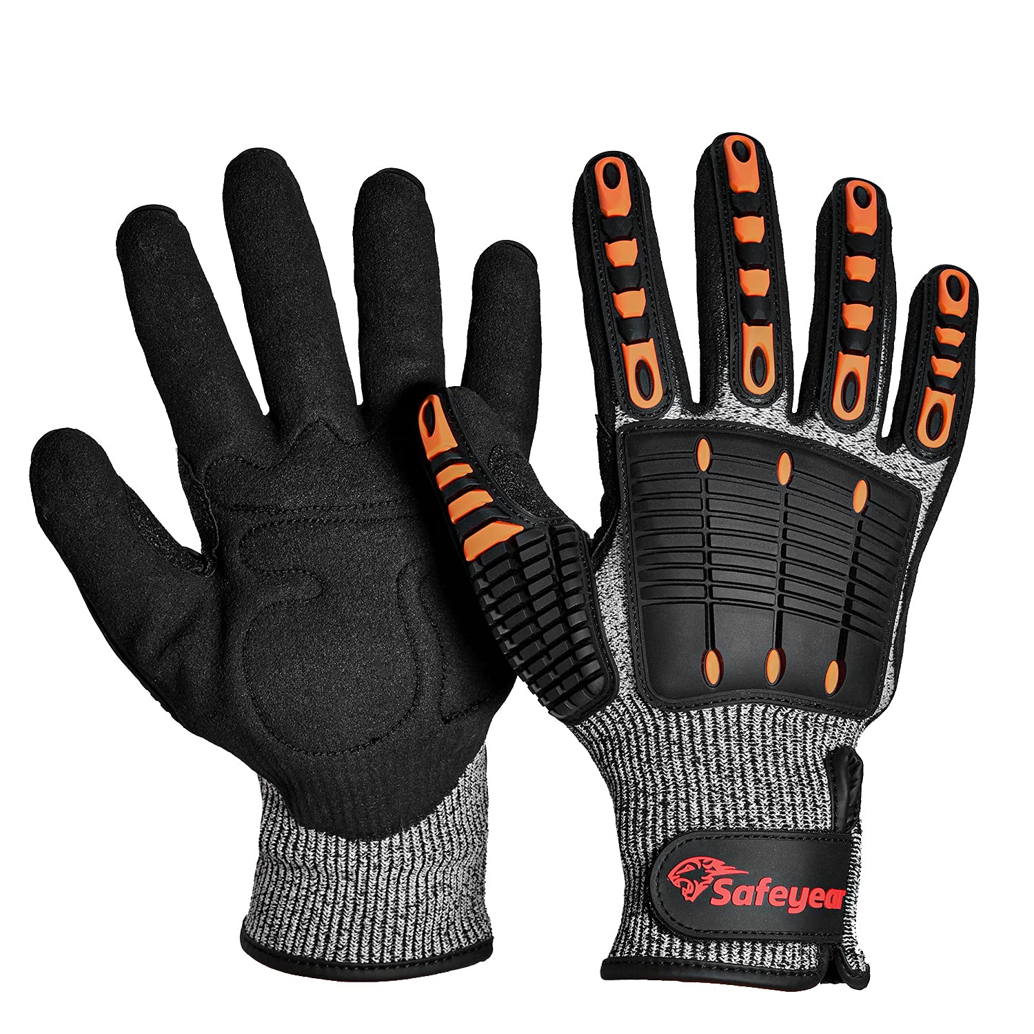 SAFEYEAR Level 5 Cut Resistant Safety Gloves, Nitrile Sand Coated with TPR Impact Protection, Orange Anti-Slip & Anti-Vibration Work Gloves,XL - for Construction, Industrial Use, Heavy-Duty Tasks