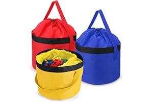 Locmeo 3 Packs Toy Storage Drawstring Bags with Clear PVC Base, Reusable Oxford Fabric Organizing Bucket Bags, Toy Bags for Building Blocks, Board Games Storage (Red, Yellow, Blue)