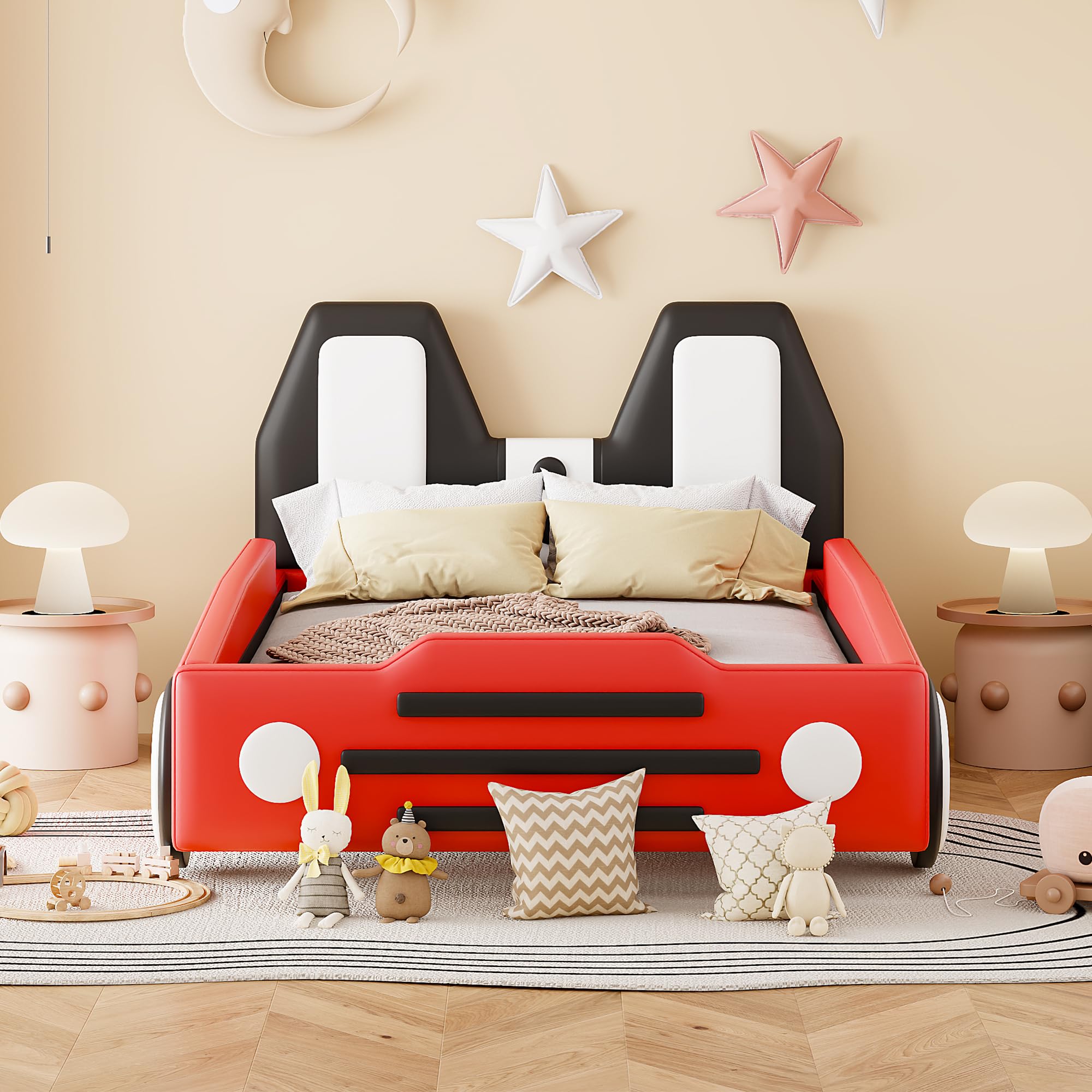 Photo 1 of **INCOMPLETE*** Twin Size Race Car-Shaped Platform Bed with Wheels, Soft PU Leather Kids Bed Frame with Headboard and Footboard, Car Bed Twin Size with Wheels for Boys, Girls (Red)