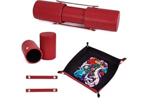 Cusdie 2 in 1 Dice Tray and 2 Dice Cups Foldable Tray Leather Dice Holder for DND Dice Game Table Games (Red)