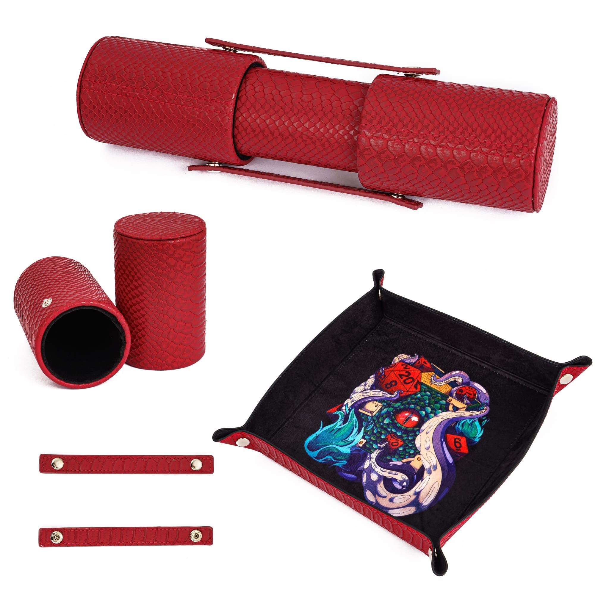 Cusdie 2 in 1 Dice Tray and 2 Dice Cups Foldable Tray Leather Dice Holder for DND Dice Game Table Games (Red)