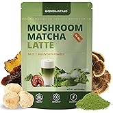 Mushroom Matcha Latte, Ceremonial Matcha Green Tea Powder with 14 Mushrooms, Probiotics and MCT Powder | Lion's Mane, Reishi & Chaga | Instant Latte Mix, Non-GMO, Vegan & Sugar-Free | 6.35 Oz