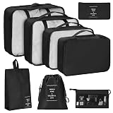 KPX 8 Set Packing Cubes for Travel, Luggage Packing Organizers Accessories Large Toiletries Bag for Clothes Shoes Cosmetics (Black)
