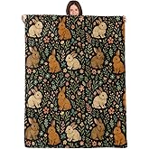 WKEDIN Adorable Bunny Blanket,50x60in,Cozy Flannel Throw with Brown and Cream Rabbit Wildflower on Black Design,Soft Lightweight Gifts Blankets for Women,Sofa Bed Travel Spring Woodland Decor