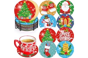 IGOODOM 8 PCS Christmas Diamond Art Coasters Kit with Holder, DIY Diamond Painting Coasters for Adults, 5D Xmas Diamond dot Kits Coasters Craft Supplies gem Art