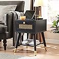 Mid Century Modern End Table with Charging Station - Small Side Table Nightstand with USB Ports & Outlets, Storage Drawer & Open Shelf, Black Wood Furniture for Living Room, Bedroom, Office