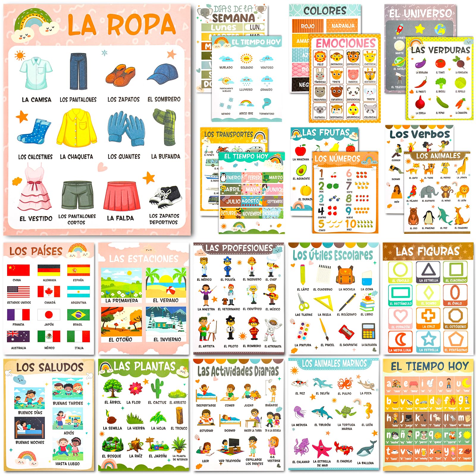 Photo 1 of AmazingSpark 24 Pcs Spanish Posters for Classroom 8 x 10 Inch Laminated Spanish Decoration Bulletin Board Decor Elementary Educational Poster for Toddler Teacher Student School Wall Decor(Rainbow)