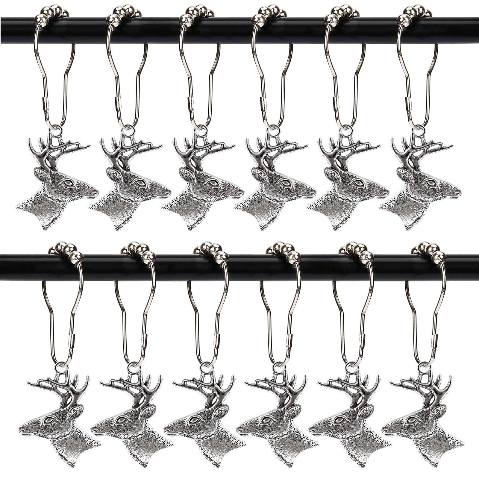 Morobor 12PCS Deer Shower Curtain Hooks, Retro Bathroomm Christmas Theme Decoration, Stainless Steel Rustproof Reindeer Ornaments, Silver