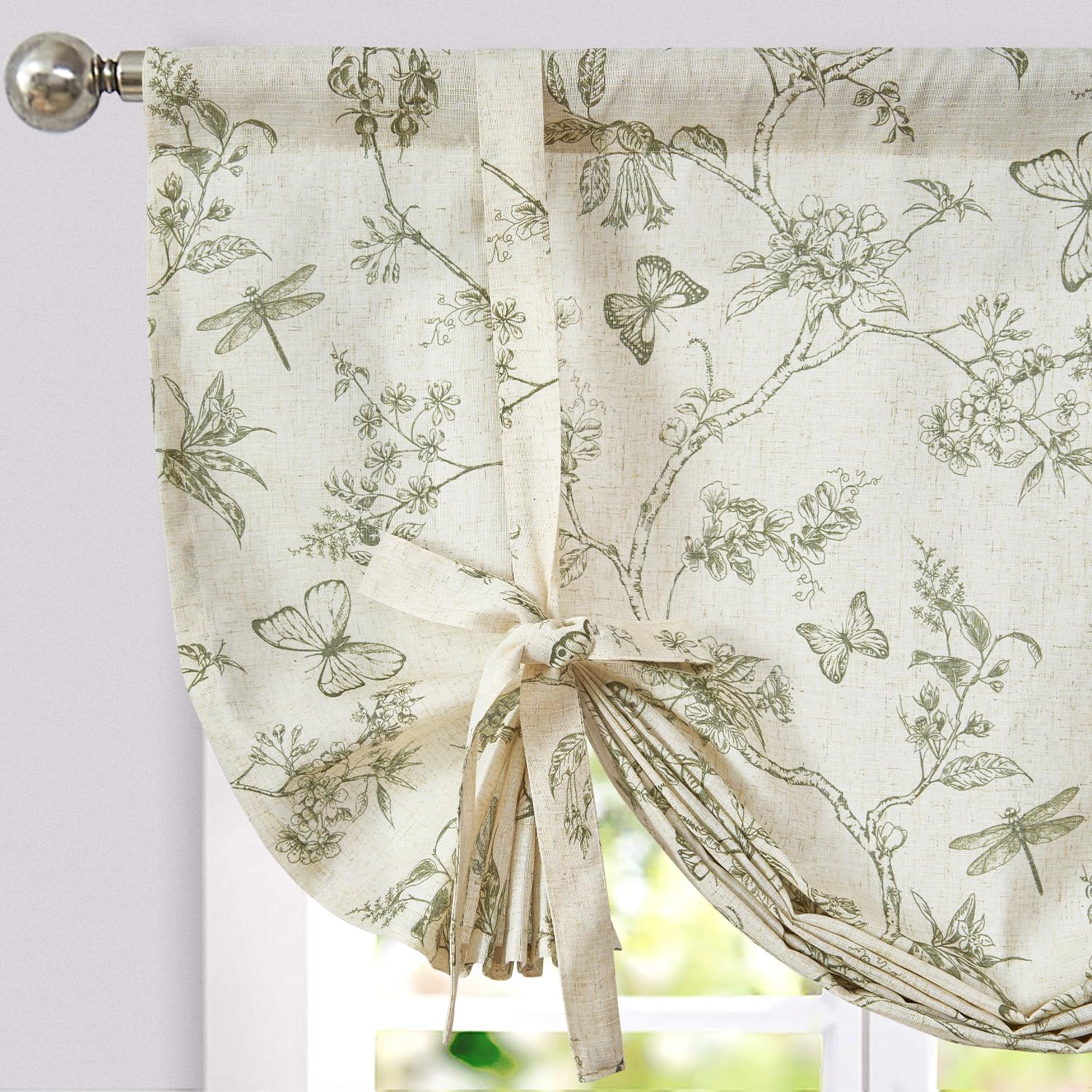 Photo 1 of jinchan Linen Floral Valance Tie up Curtains for Small Windows 54 Inch Farmhouse Kitchen Cafe Curtains Rod Pocket Country Tropical Flower for Laundry Bathroom Rod Pocket 1 Panel Sage Green