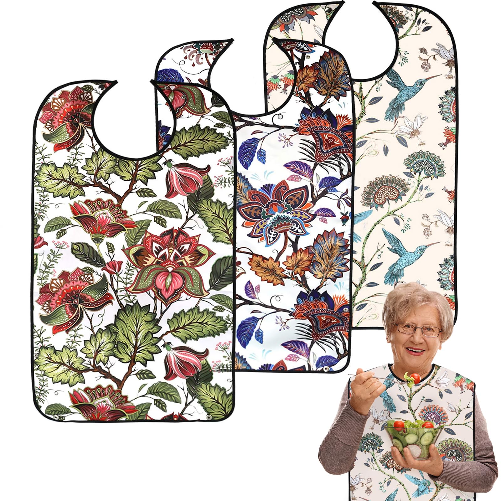 WenYa 3 Pack Adult Bibs for Women, Washable Feeding Adult Bib with Crumb Catcher Waterproof Clothing Protectors for Adult Elderly and Disabled