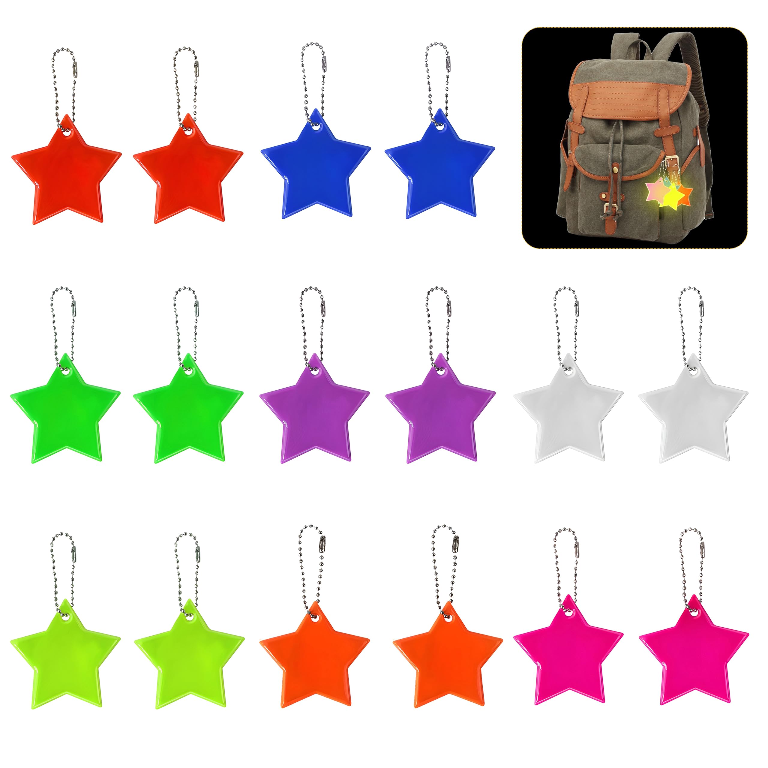 Sanrolax Christmas Reflector Pendants, Pack of 16 Star Reflectors Children's Pendant Christmas Decoration in 8 Colours, Reflector Pendant Children for School Bag, Night Running and Christmas Tree
