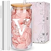 Personalized Tumbler, Monogrammed Can Glass Cups with Bamboo Lids and Straws, Customized Gifts for Women, Cute Design Initial Iced Coffee glasses, Custom Letter Mug, Birthday Bridesmaid, V