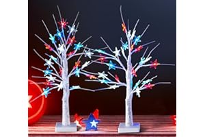 ILLUMINEW 4th of July Decorations Star Tree, 2 Pack 24 Inch Lighted Artificial Birch Tree for Tabletop, 24 LED Red White Blue Star Lights for July 4th Indoor Independence Decor