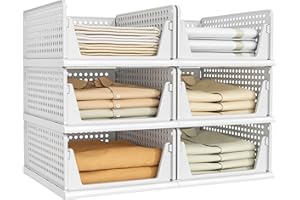 Pinkpum 6 Pack Closet Organizers Storage Box, Stackable Plastic Drawer Basket for Clothing, Stackable Storage Bins Shelf Storage Container for Closet Wardrobe Bedroom Bathroom Office White