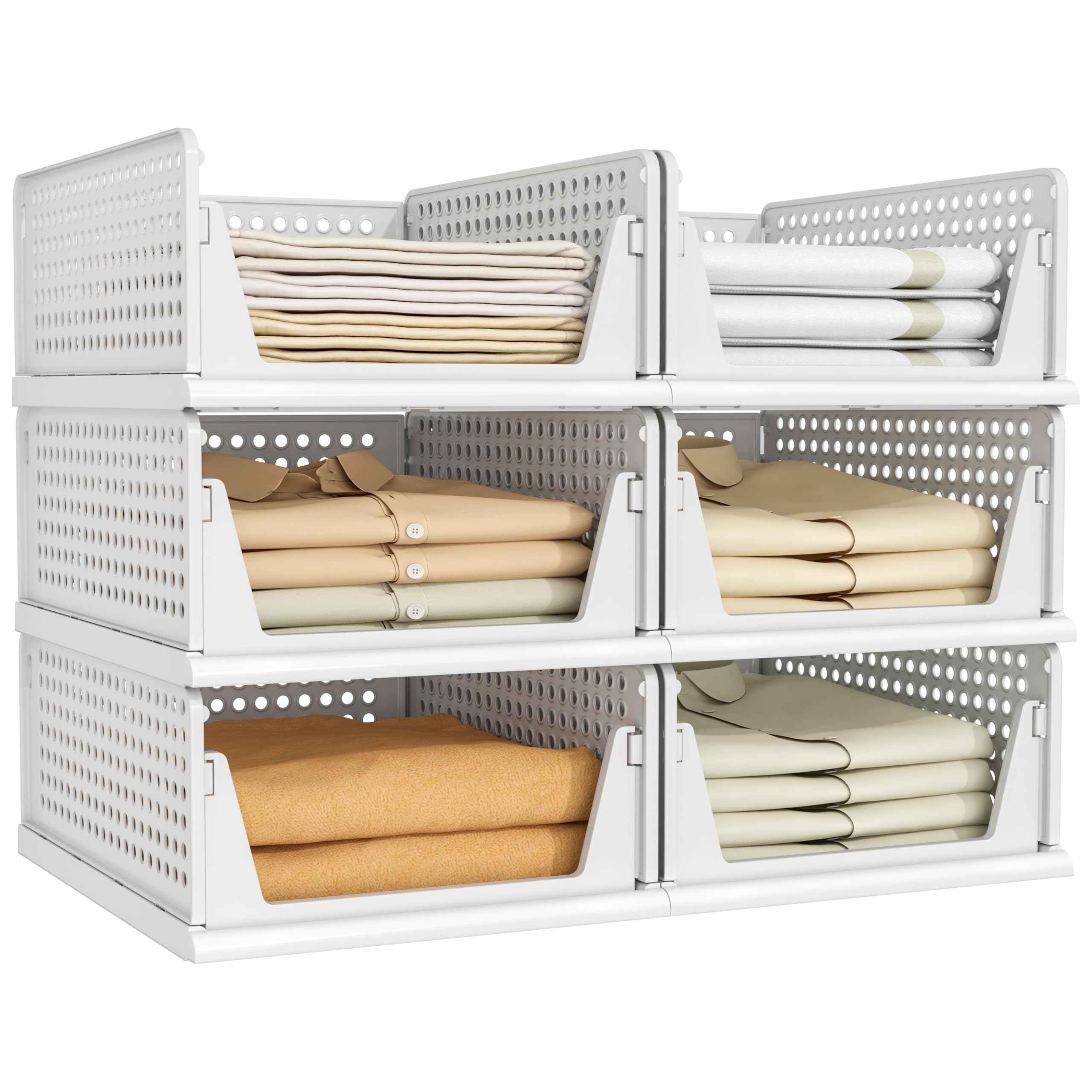 Photo 1 of Pinkpum 6 Pack Closet Organizers Storage Box, Stackable Plastic Drawer Basket for Clothing, Stackable Storage Bins Shelf Storage Container for Closet Wardrobe Bedroom Bathroom Office White