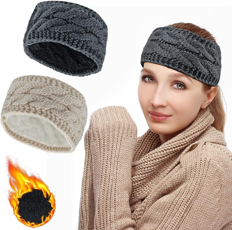 Mygeromon Women's Knitted Headband Winter 2pc Thick Warm Cable Knit Ear Warmer