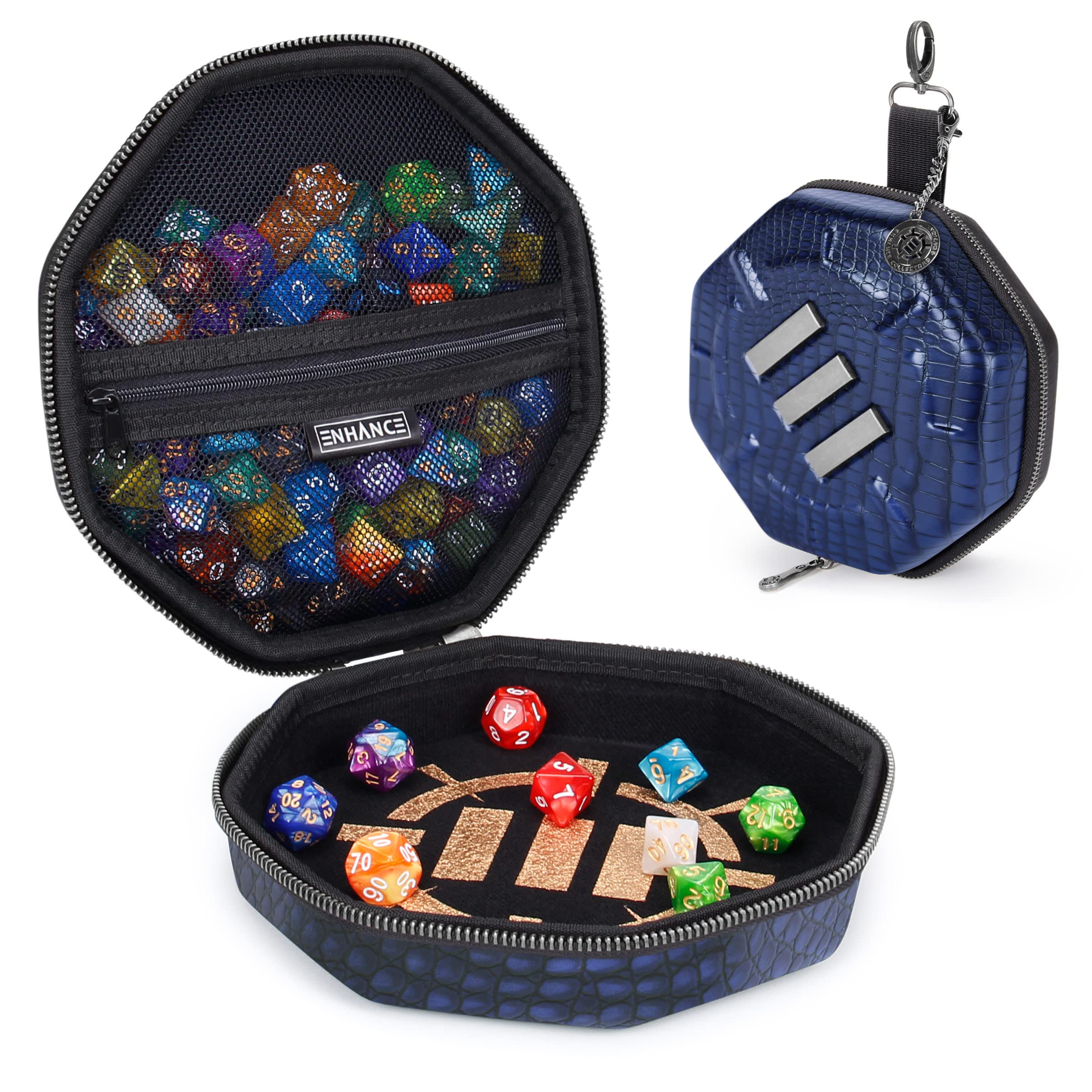 ENHANCE DnD Dice Tray and Case - Collector's Edition DnD Dice Holder for up to 150 D&D Shakers with Hard Shell Exterior and Protective Soft Interior - Rolling Tray Perfect for Game Night (Dragon Blue)