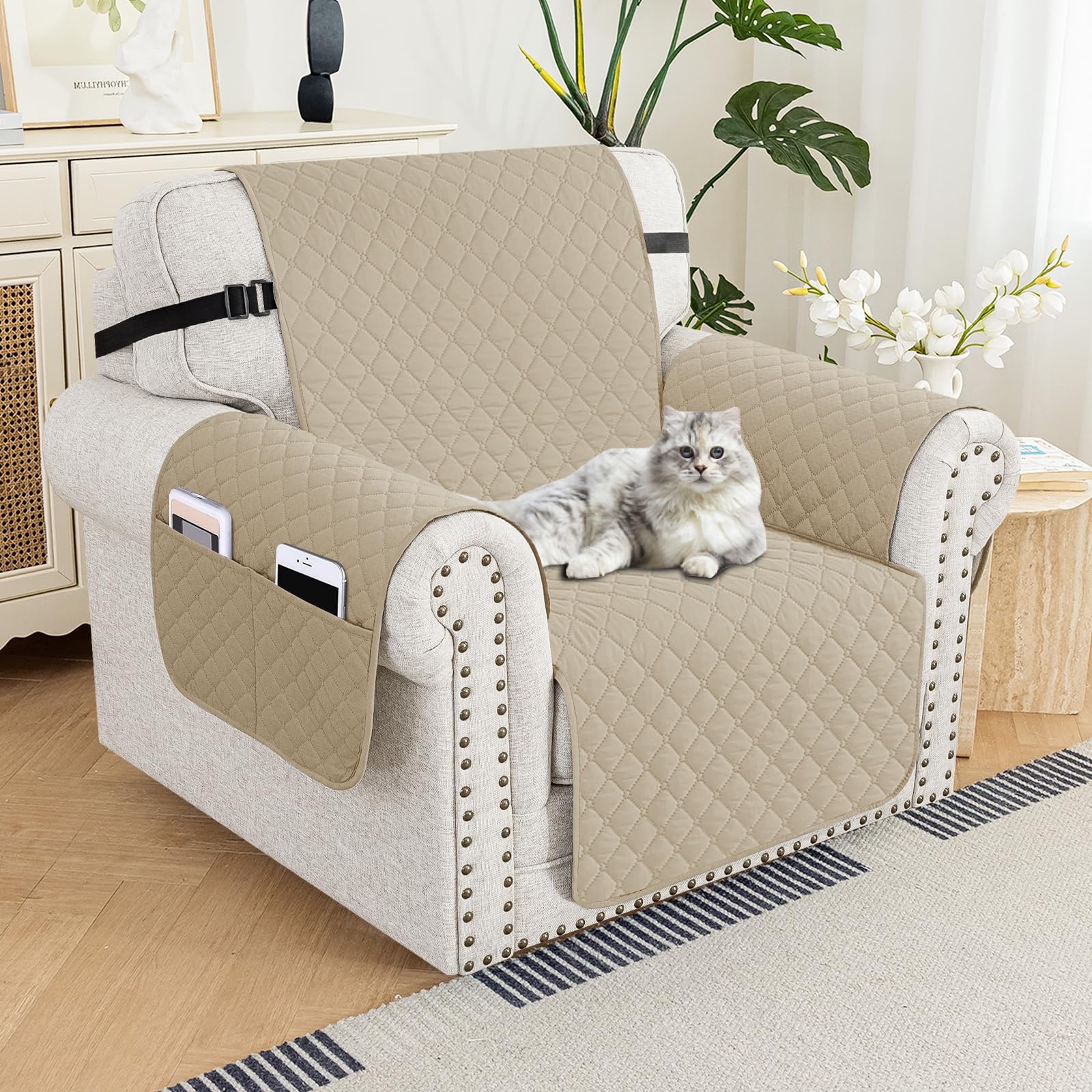 XINEAG Quilted Sofa Covers 1 Seater, Water Resistant Chair Covers for Dogs Pets, Non Slip Sofa Slipcovers with Pockets, Washable Furniture Protector with Elastic Strap (Chair, Khaki) — image 1