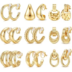 Drperfect Clip On Earrings for Women Non Pierced Earrings Set | Hypoallergenic Ears Clips, 14K Gold Plated CZ Pearl Knot Twis