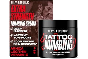 BLISS REPUBLIC Tattoo Numbing Cream Extra Strength for Waxing, Microneedling, Injections, Piercing, Painless Tattoo Cream with Vitamin E, Lecithin, Arnica, 3.4 oz