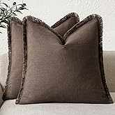 Foindtower Set of 2 Decorative Linen Fringe Throw Pillow Covers Boho Farmhouse Cushion Cover with Tassels Soft Accent Pillowcase for Couch Sofa Bed Living Room Home Decor,16×16 Inch,Reddish Brown