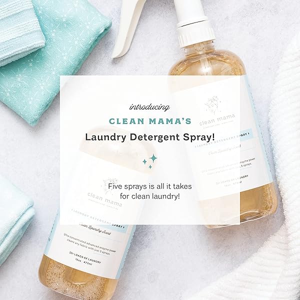 CLEAN MAMA LAUNDRY DETERGENT SPRAY & PRE-TREATER – NATURAL LAUNDRY DETERGENT SOAP FOR SENSITIVE SKIN – ECO-FRIENDLY, HE COMPATIBLE – UNSCENTED – 64+ LOADS OF LAUNDRY, STARTER + REFILL, 16 OZ EACH