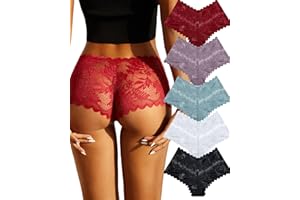 FINETOO Sexy Underwear for Women V-Waist Shorts Women' s Underwear Lightweight Soft Lace High Waist Panties 5 Pack