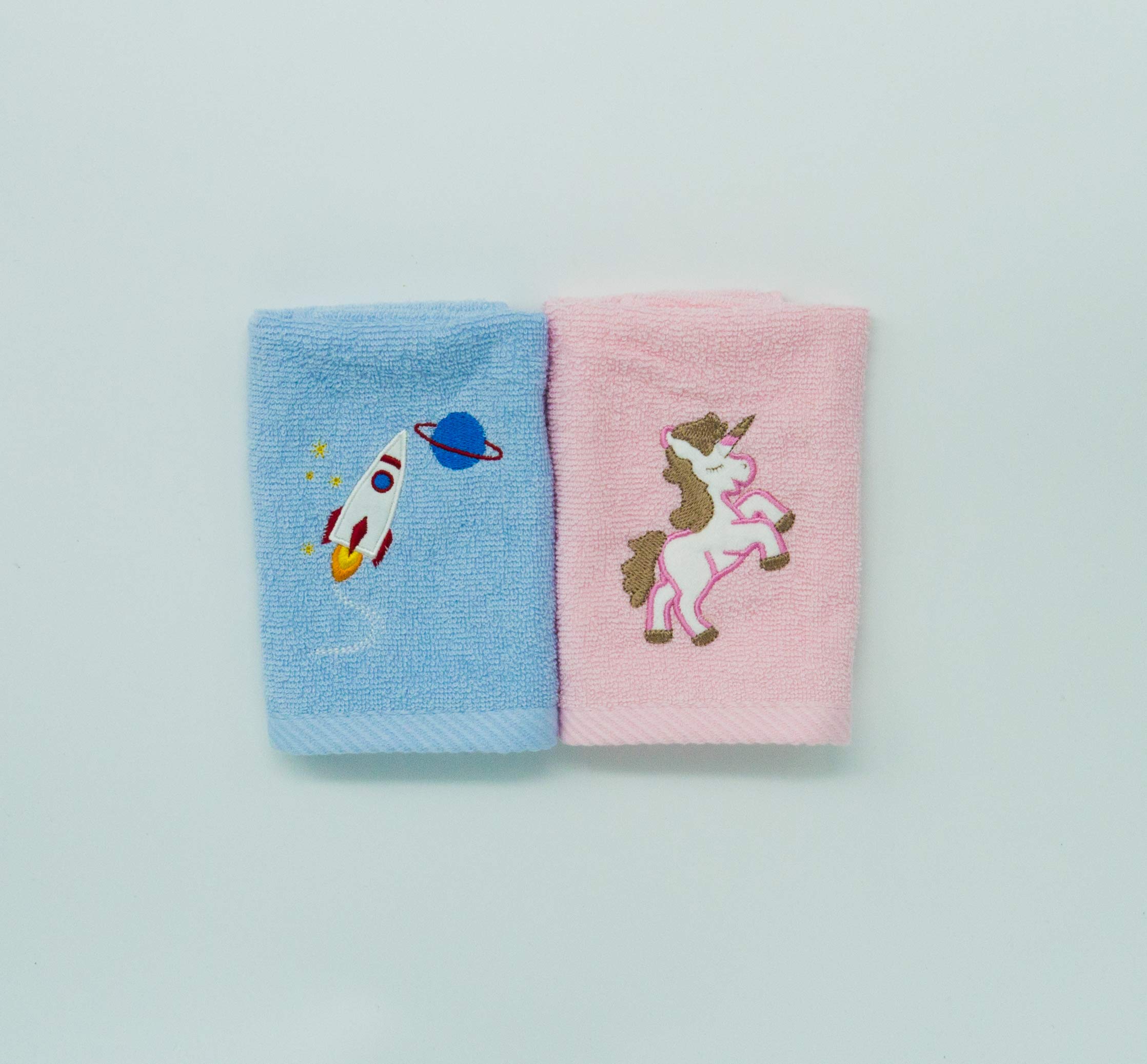 Lex's Linens Pack of 2 Kids Face Cloth (1 of Each) (Unicorn & Rocket)