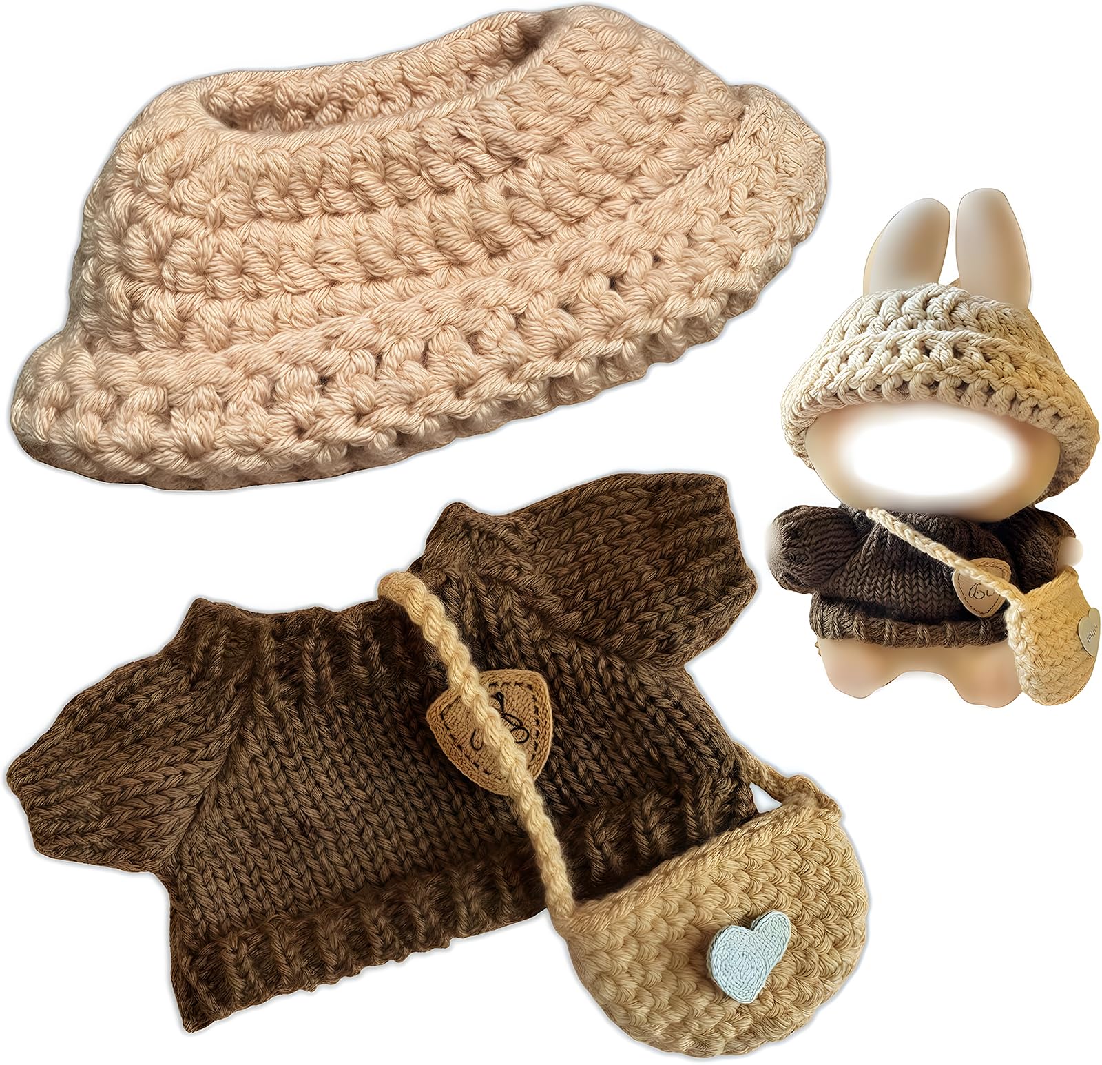 Photo 1 of 17cm Kawaii Doll Clothes Set for Labubu, 3-Piece Handcrafted Crochet, Compatible with 5.91-6.7inch Dolls, Hand Crocheted Hat, Sweaters, Bag (Knitted, Brown, No Doll)