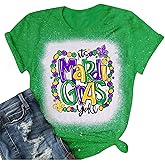 Mardi Gras Shirts for Women New Orlean Carnival Graphic Tee Tops Holiday Bleached Short Sleeve Costumes