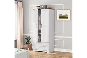 Brafab Armoire Wardrobe Closet with 2 Modern Doors, 71" Tall Freestanding Closet Wardrobe Cabinet with Drawers and Hanging Rail, Light Wooden Storage Cabinet with Shelve for Bedroom (White, 2 Doors)