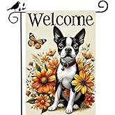 BlissYard Thanksgiving Fall Garden Flag 12x18 Inch Welcome Boston Terrier Dog Outdoor Flag Double Sided Autumn Yard Banner with Sunflowers and Butterfly Decor for Porch Lawn Patio
