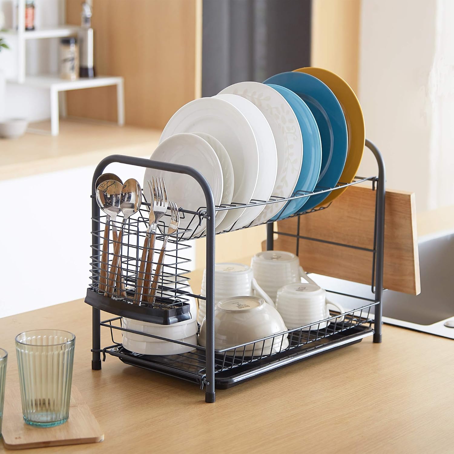 NATUROUS Dish Rack, 2 Tier Dish Drying Rack Kitchen Organizer with Drain Board, Utensil Holder, Cutting Board Holder, Gray -