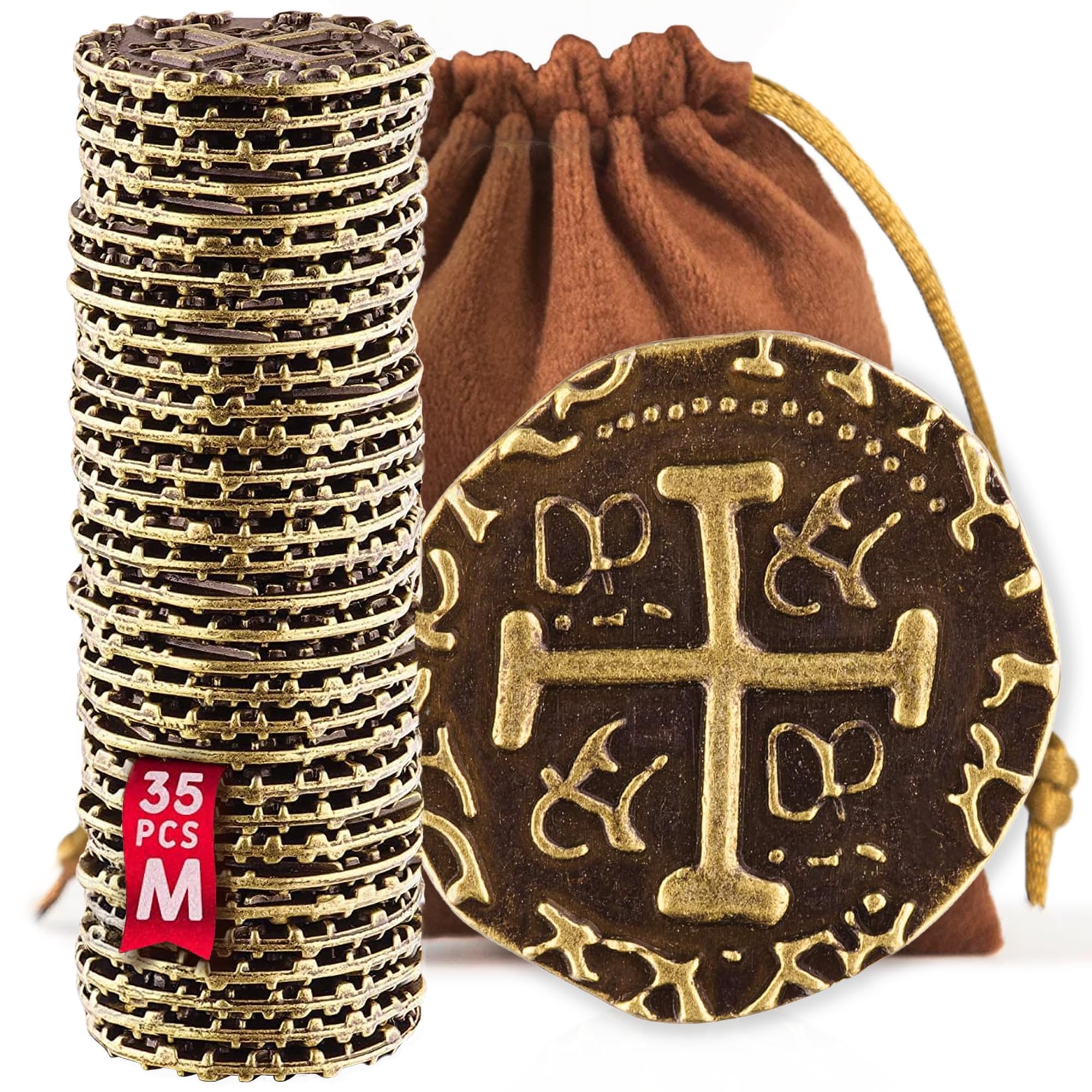 Metal Pirate Coins - 35 Medium Bronze Treasure Coin Set, Metal Replica Spanish Doubloons for Board Games, Tokens, Toys, Cosplay, Realistic Money Imitation - Pirate Treasure Chest, Diameter 22 mm — image 1