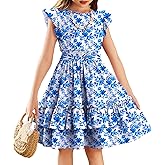 Arshiner Girls Dresses Flutter Sleeve A-Line Sundress Casual Summer Tiered Swing Midi Pocket Dress