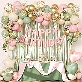 Pink and Green Birthday Decorations for Women Girls, Sage Green Pink Sand White Gold Foil Confetti Balloons Happy birthday Banner Gold Butterfly Fringe Curtains Birthday Decorations
