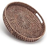 Round Rattan Woven Serving Tray with Handles Ottoman Tray for Breakfast, Drinks, Snack for Coffee Table, Home Decorative (11"x1.6", Honey Brown)